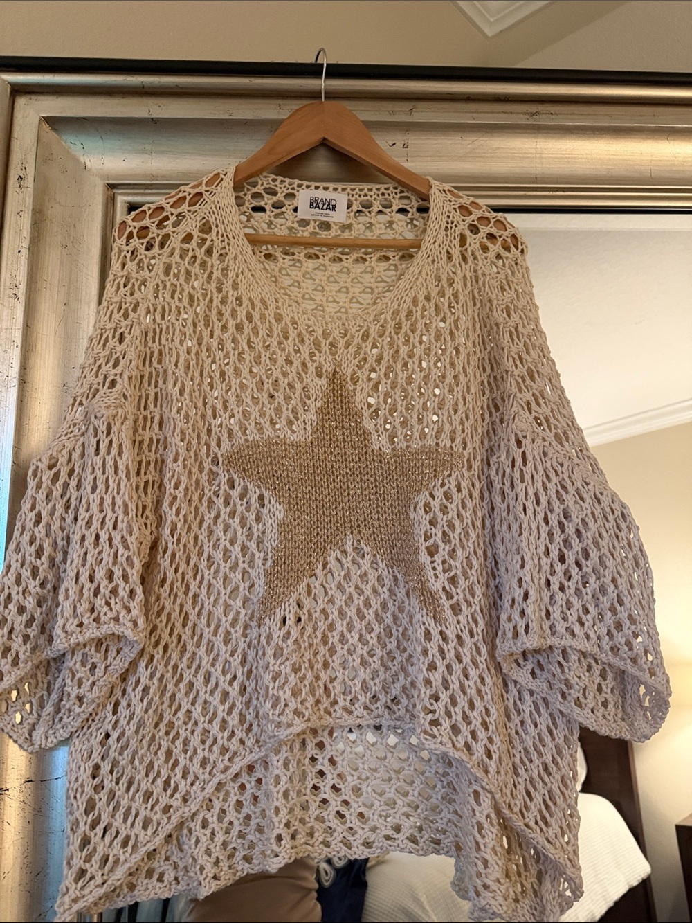 NWOT Brand Bazar Cream Open-Knit Star Poncho Sweater